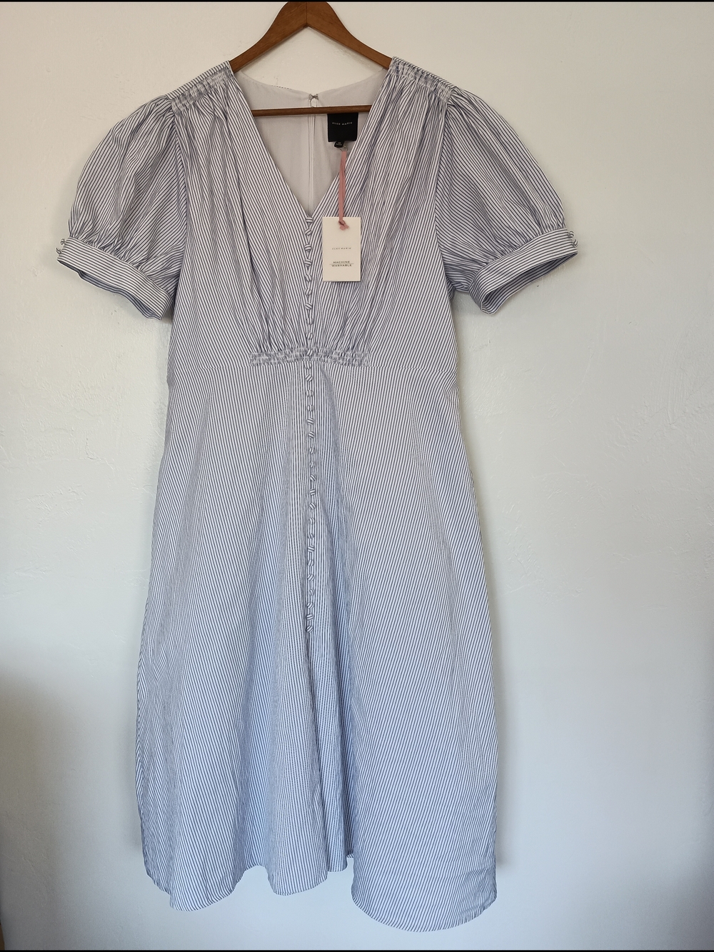 Alex Marie Navy & White Striped Midi Dress with Puff Sleeves
